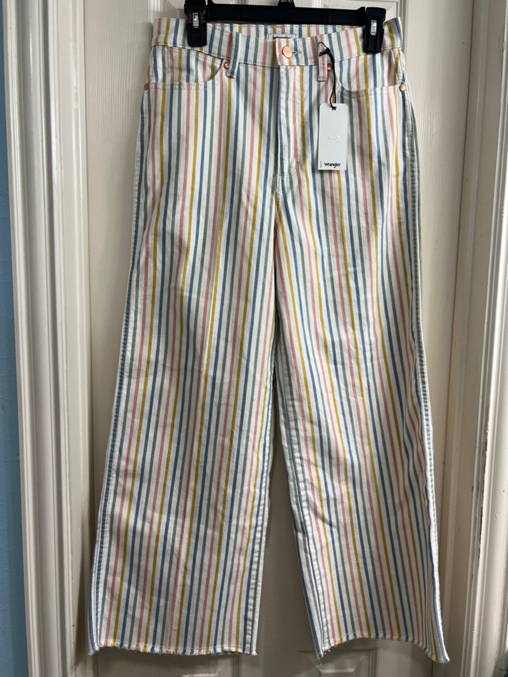 Wrangler Women’s High Rise Wide Leg Crop White Multi-Stripe Jeans